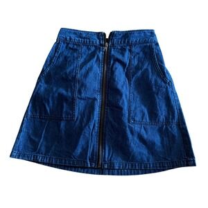 Y2K Dark Wash Denim Zip Front Mini Skirt with Pockets and Elastic Back Waist